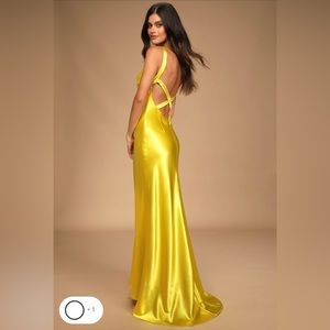Lulus Perfectly Classy Yellow Satin Strappy Maxi Dress Gown